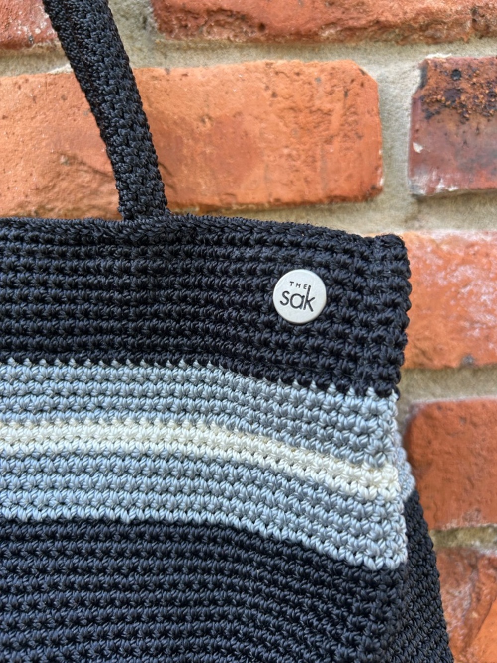 The Sak Black Crochet Tote with Gray Stripe Double Handle Strap Y2K - Picture 2 of 5